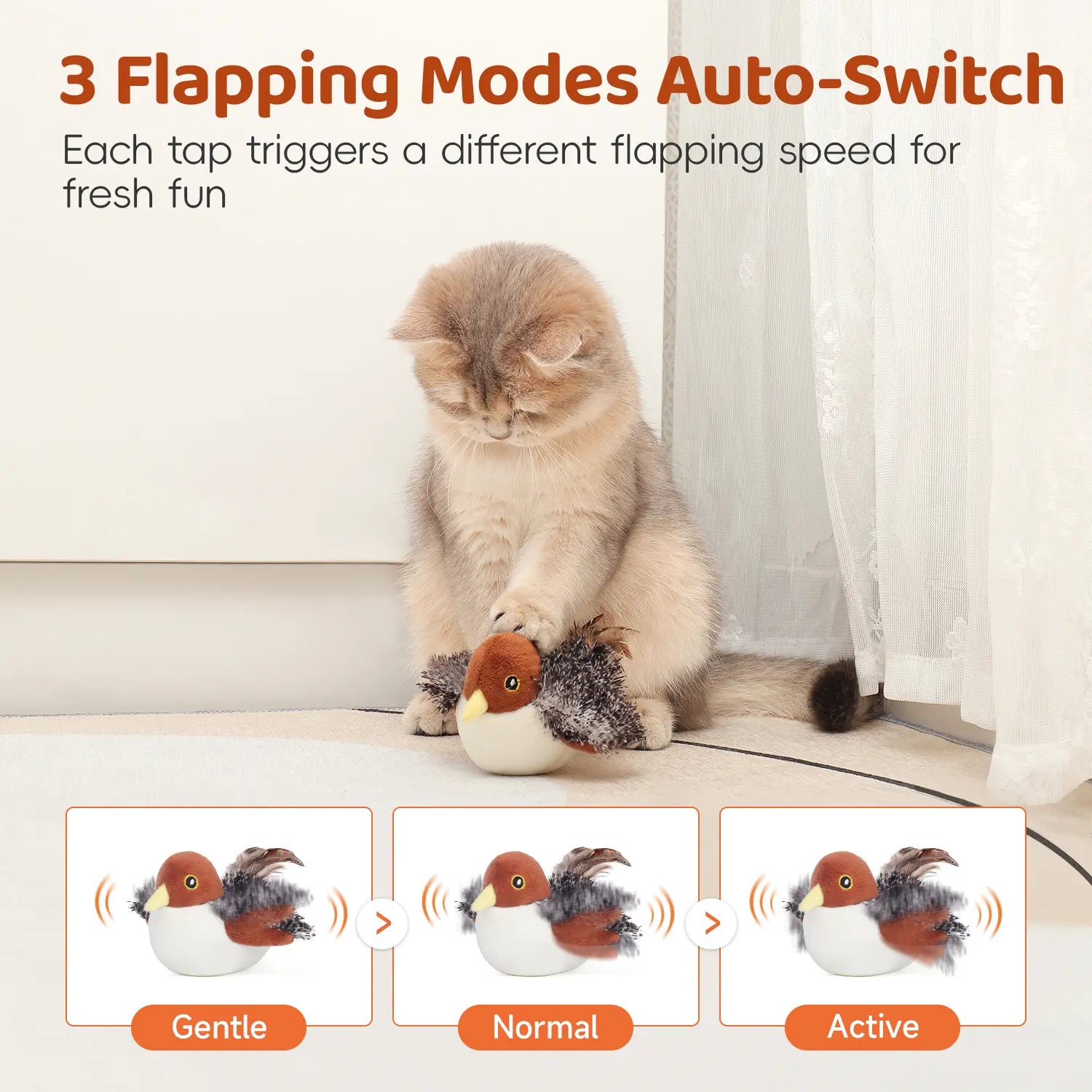 Potaroma Interactive Flapping Bird Cat Toy with Lifelike Chirping and Rechargeable Touch Activation