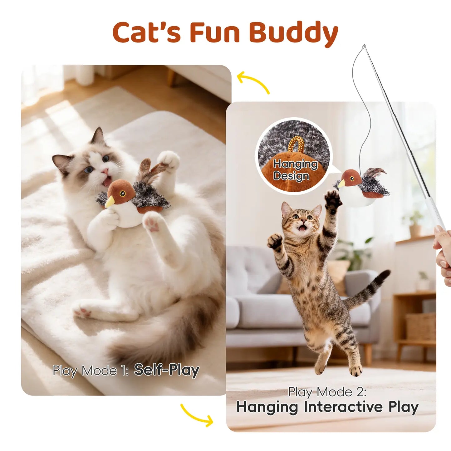 Potaroma Interactive Flapping Bird Cat Toy with Lifelike Chirping and Rechargeable Touch Activation