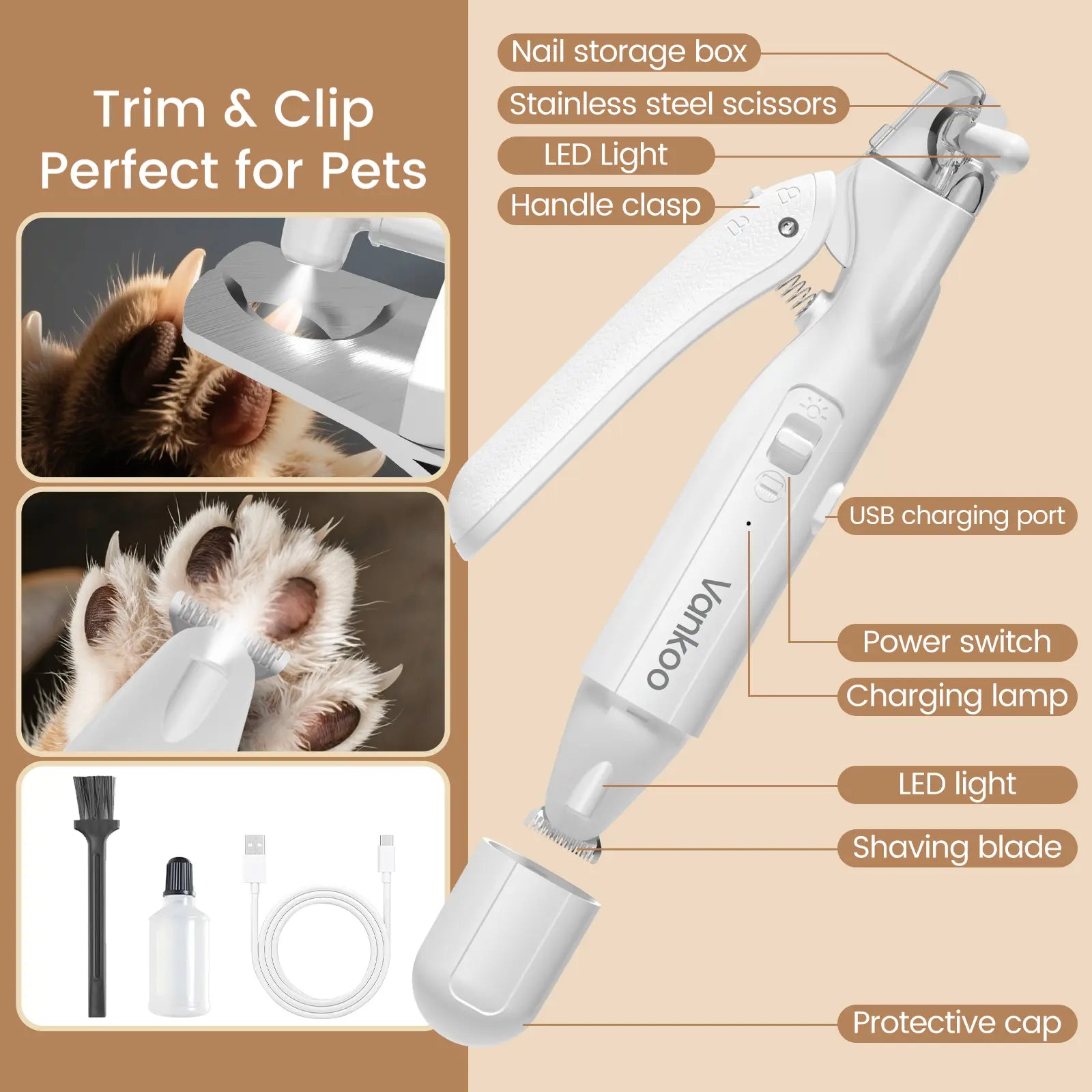 Vankoo 2-in-1 Rechargeable Dog Nail Clipper and Paw Hair Trimmer Kit with LED Light – Waterproof and Low Noise Grooming Solution for Small Dogs and Cats
