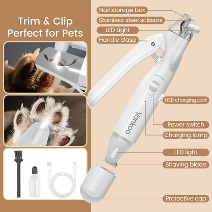 Vankoo 2-in-1 Rechargeable Dog Nail Clipper and Paw Hair Trimmer Kit with LED Light – Waterproof and Low Noise Grooming Solution for Small Dogs and Cats