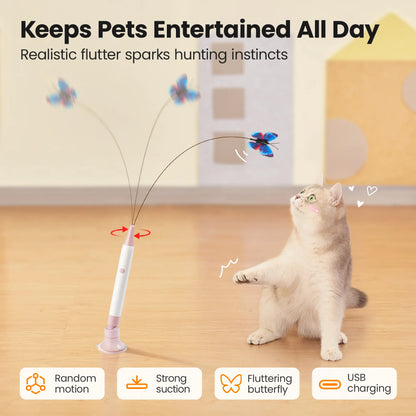 Potaroma Non-Toxic Interactive Butterfly Cat Wand - Rechargeable Electric Spinning and Shaking Toy with Suction Cup, Handheld and Self-Play Modes for Cats and Kittens