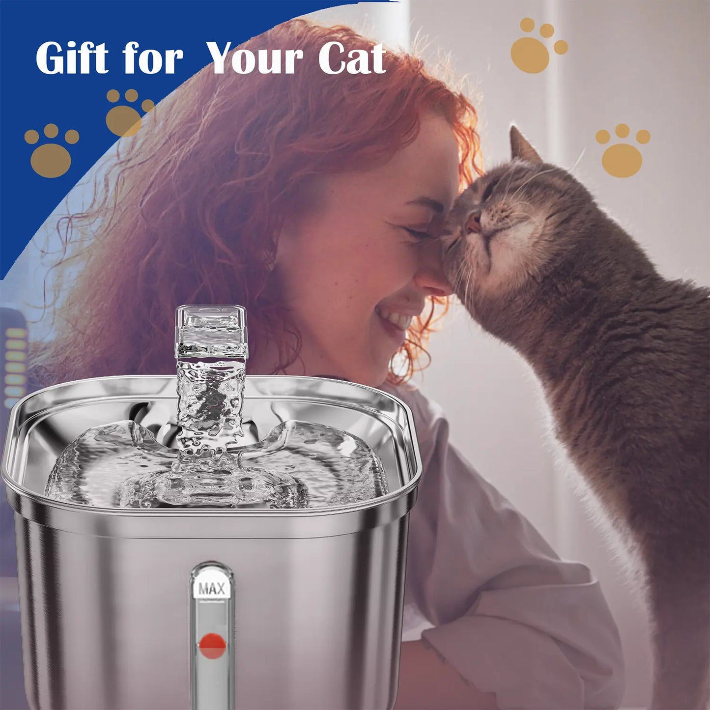 Stainless Steel Cat Water Fountain with Ultra-Quiet Pump and Triple Filtration System, 2.2L Automatic Water Dispenser for Multiple Pets