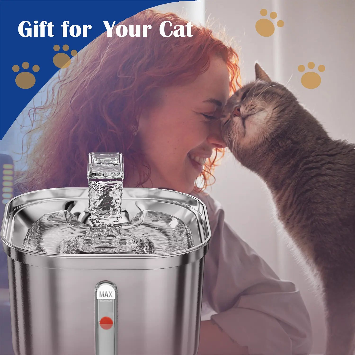 Stainless Steel Cat Water Fountain with Ultra-Quiet Pump and Triple Filtration System, 2.2L Automatic Water Dispenser for Multiple Pets