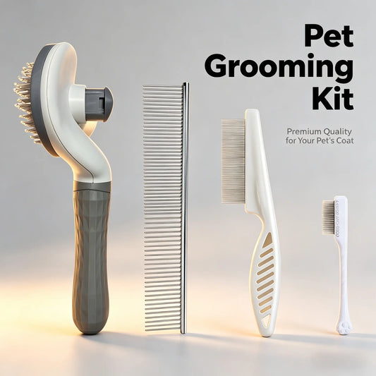 4-Piece Pet Grooming Kit - Self-Cleaning Slicker Brush, Dual-Sided Stainless Steel Dematting Comb, Tear Stain Comb, and Fur Removal Tool for Dogs and Cats with Long or Short Hair - Essential Supplies for a Fur-Free Home