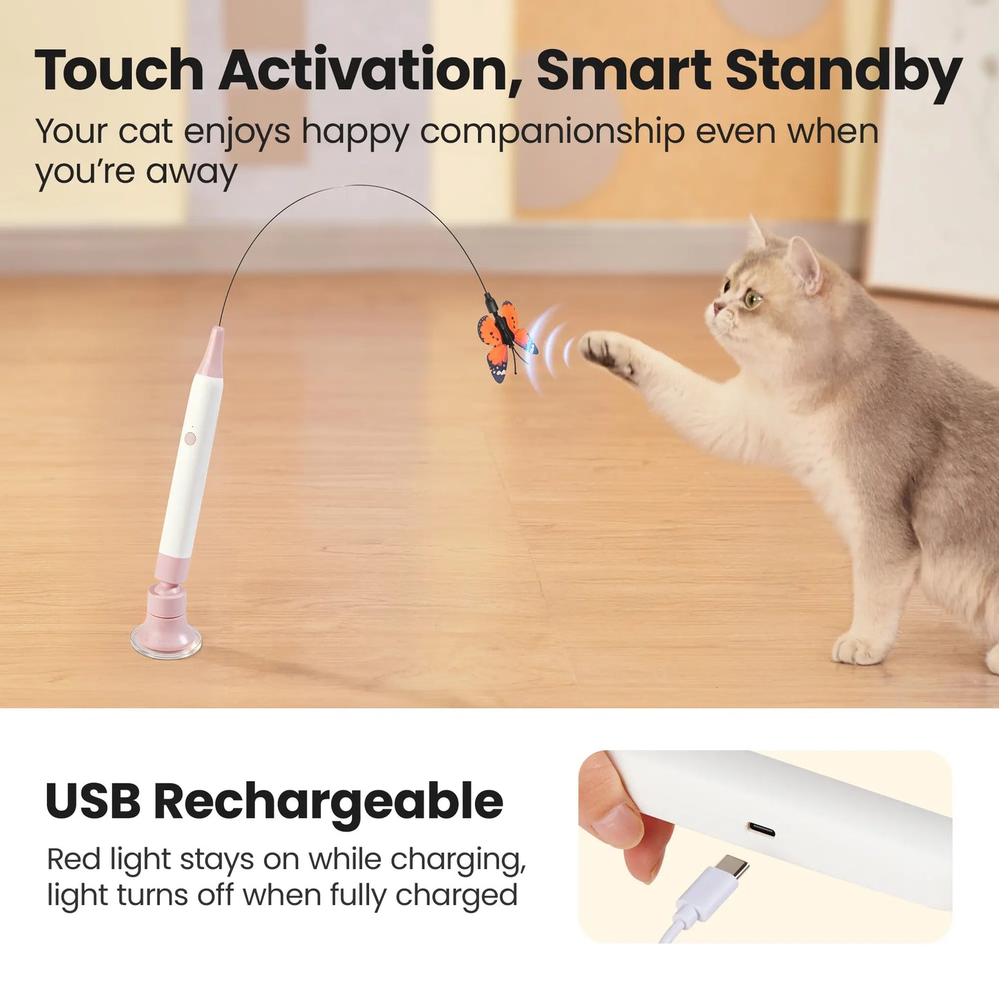 Potaroma Non-Toxic Interactive Butterfly Cat Wand - Rechargeable Electric Spinning and Shaking Toy with Suction Cup, Handheld and Self-Play Modes for Cats and Kittens