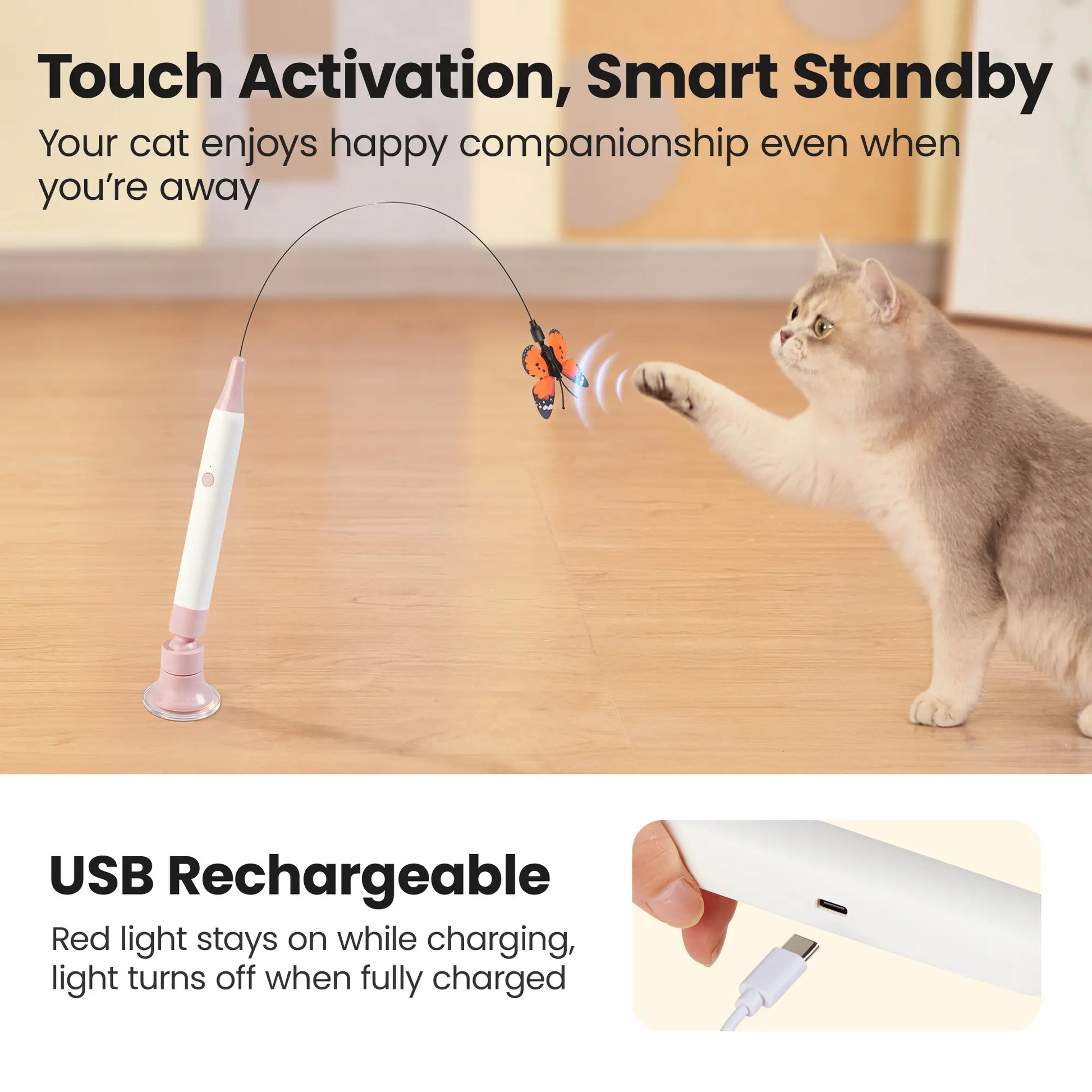Potaroma Non-Toxic Interactive Butterfly Cat Wand - Rechargeable Electric Spinning and Shaking Toy with Suction Cup, Handheld and Self-Play Modes for Cats and Kittens