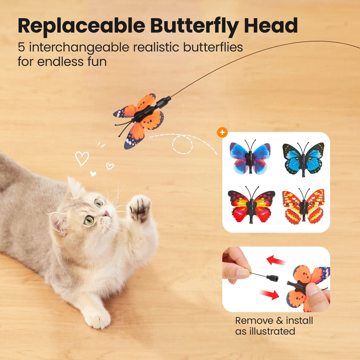 Potaroma Non-Toxic Interactive Butterfly Cat Wand - Rechargeable Electric Spinning and Shaking Toy with Suction Cup, Handheld and Self-Play Modes for Cats and Kittens