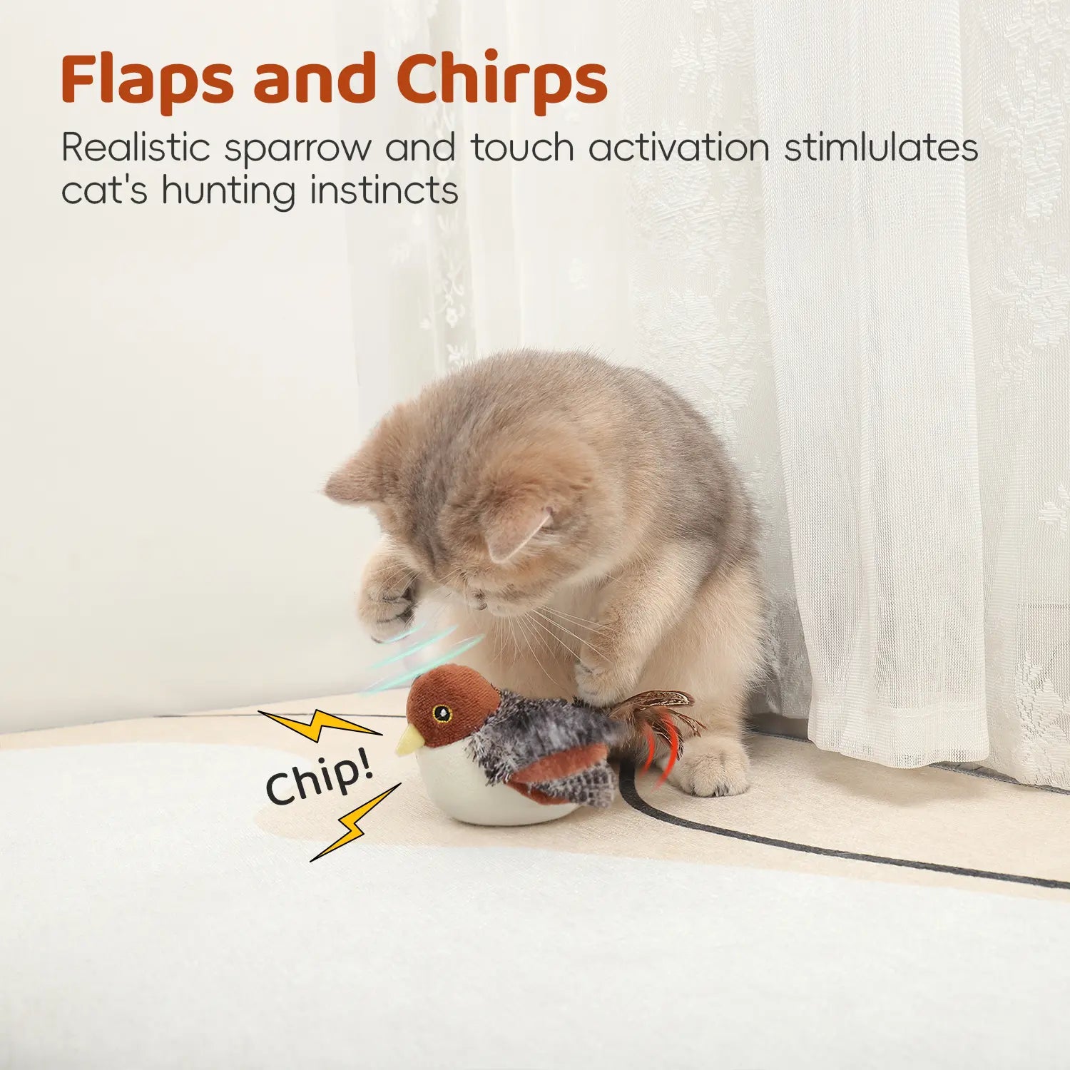 Potaroma Interactive Flapping Bird Cat Toy with Lifelike Chirping and Rechargeable Touch Activation